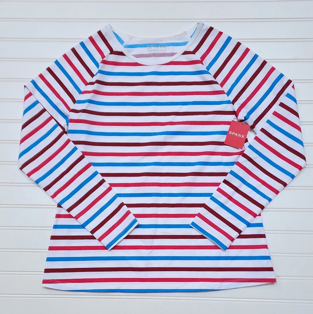 NWT SPANX Women's Ocean Stripe Hibiscus Long Sleeve Swim Rash Guard Shirt
